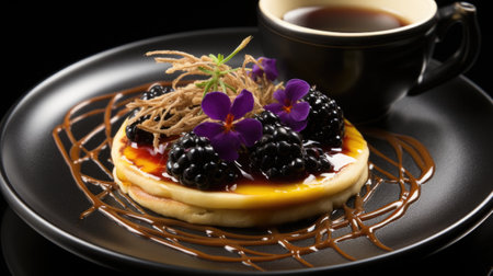 A dessert with berries and chocolate on a plate, AIの素材