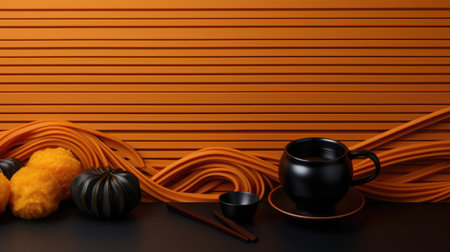 A black mug and some orange noodles on a table, AIの素材