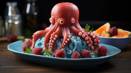 A sweet ice cream shaped as octopus is sitting on a blue plate with raspberries, AIの素材
