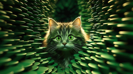 A cat is hiding in a green tunnel, AIの素材