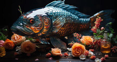 A fish is surrounded by flowers and other items, AIの素材