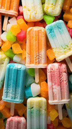 A pile of colorful popsicles with different flavors, AIの素材