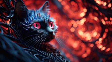 A cat with red eyes and a black background, AIの素材