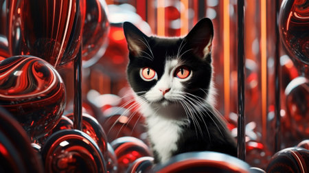 A black and white cat is sitting in front of red balls, AIの素材