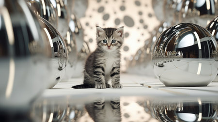 A kitten is sitting in front of a mirror, AIの素材