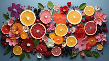 A variety of fruits and vegetables arranged in a circle, AIの素材