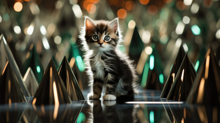 A kitten is standing in front of a group of triangles, AIの素材
