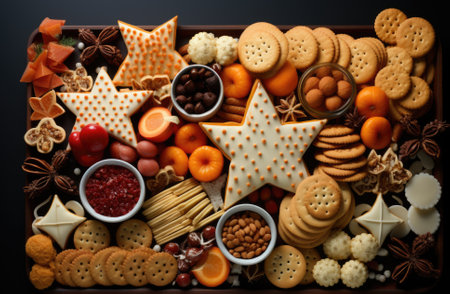 Christmas food with star shaped cookies and nuts, AIの素材