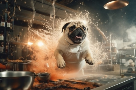 A pug dog jumping into a kitchen with a splash of water, AIの素材