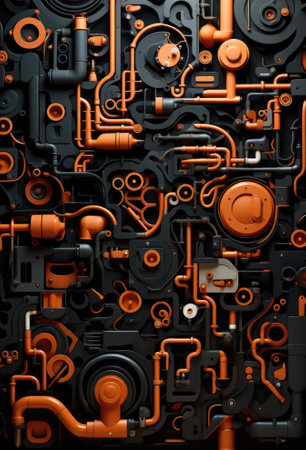 A black and orange background with many pipes and valves, AIの素材
