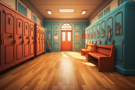 A hallway with colorful lockers and benches, AIの素材
