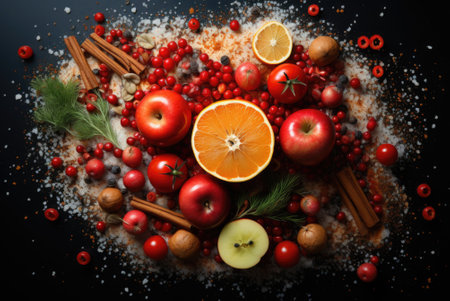 Christmas spices and fruits on a black background, AIの素材