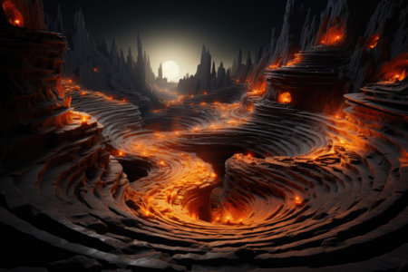 A dark cave with fire and lava flowing out of it, AIの素材
