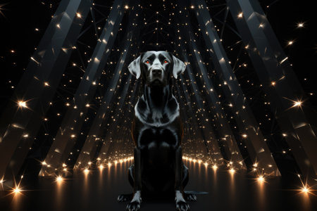 A black dog sitting in front of a dark tunnel with lights, AIの素材