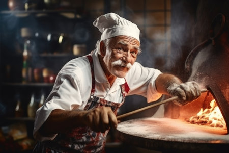 An old man in an apron is cooking pizza in a wood burning oven, AIの素材