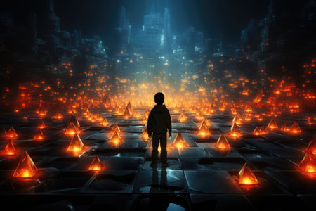 A man standing in front of a city with many torches, AIの素材