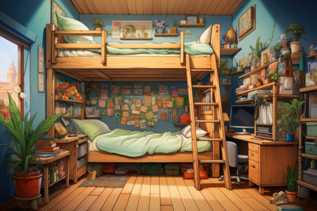 A bedroom with bunk beds and a desk, AIの素材
