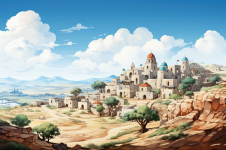 An illustration of a medieval town in the desert, AIの素材