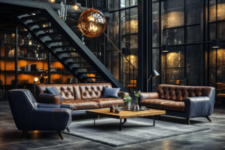 An industrial style living room with leather furniture, AIの素材