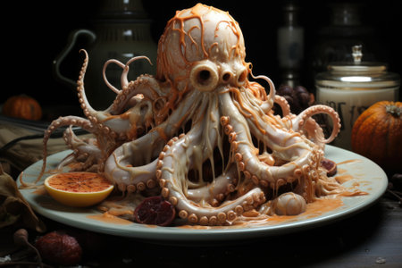 An octopus is sitting on a plate with a lot of food, AIの素材
