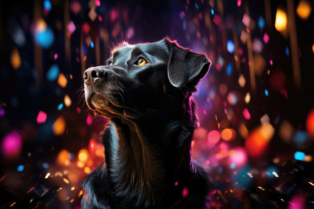 Black labrador dog portrait with colorful confetti background, AIの素材