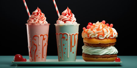 Three different milkshakes and donuts sit on a plate, AIの素材