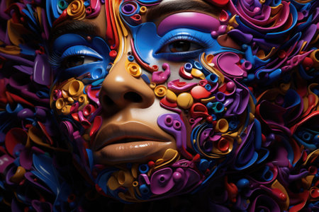 A woman with colorful hair and face made out of plastic, AIの素材