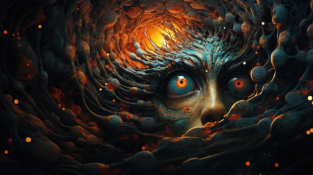 A painting of a woman with glowing eyes, AIの素材