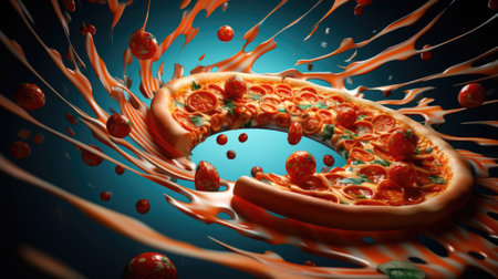 A pizza with sauce splashing on it, AIの素材