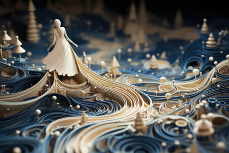 A woman in a dress standing on a wave of paper, AIの素材