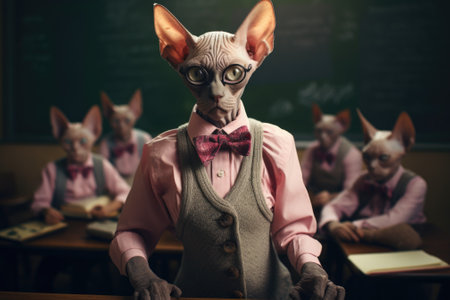 A sphinx cat teacher with glasses and bow tie sitting at a desk, AIの素材