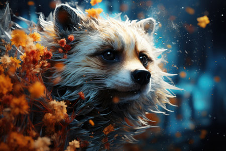 A dog with its head in the air and leaves, AIの素材