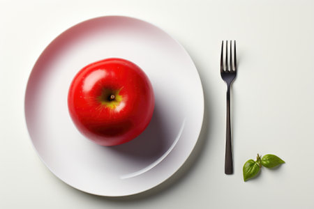 A red apple on a white plate with a fork and knife, AIの素材