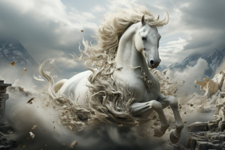 A white horse is running through a field of debris, AIの素材