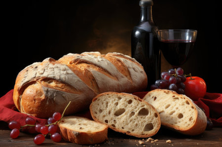 Bread, grapes and a bottle of wine, AIの素材