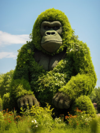 A statue of a gorilla sitting in a field of green plants, AIの素材