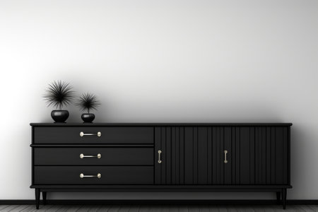 A black sideboard with two drawers and a vase, AIの素材