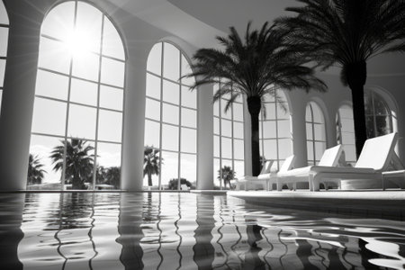 A black and white photo of a pool with palm trees, AIの素材