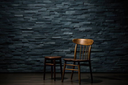 A chair and stool in front of a dark stone wall, AIの素材