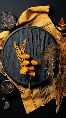 A black plate with dried flowers and leaves on a yellow cloth, AIの素材