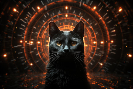 Black cat with glowing eyes in a futuristic background, AIの素材