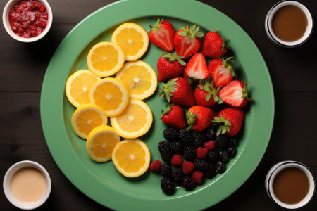 A plate of fruit and a cup of coffee, AIの素材