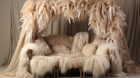 A couch covered in fur and feathers, AIの素材
