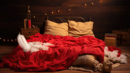 A bed with red sheets and huge feathers on it, AIの素材