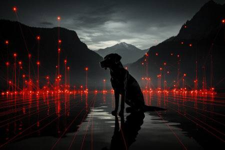 A dog sitting on the water with red lights, AIの素材