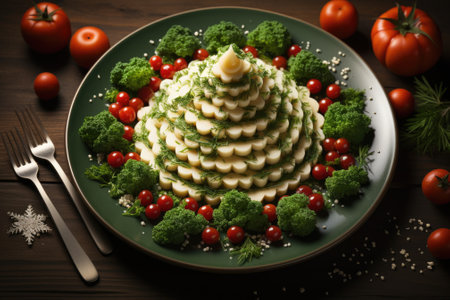 A christmas tree made of vegetables is on a plate, AIの素材