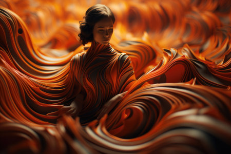 A woman sitting in a swirl of orange swirls, AIの素材
