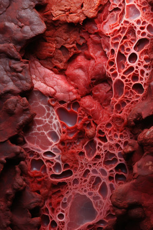 A close up of a red meat rock with holes, look like it is a slice of animal lungs, AIの素材
