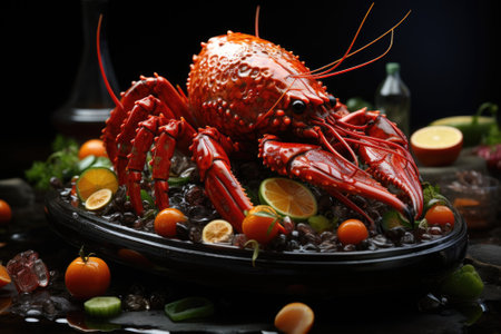A lobster is sitting on top of a bowl with fruit and vegetables, AIの素材