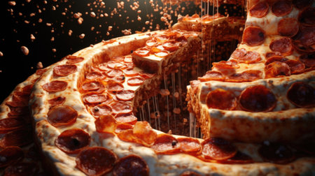 A large slice of pizza is being cut into pieces, AIの素材